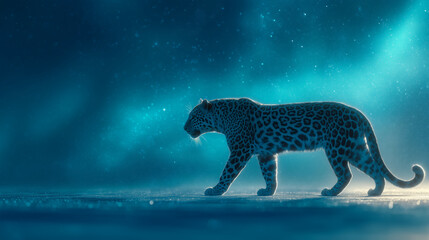Fototapeta premium A Majestic Spotted Leopard with Silent Grace Across a Gleaming, Reflective Surface, Surrounded by a Luminous, Deep-Teal Fog Filled with Floating Particles and Bokeh Light. Generative AI Illustration