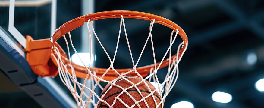 Close-up of a basketball going through the net of an orange hoop on a court