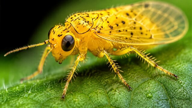 Yellow leafhopper resting on green leaf surface macro closeup