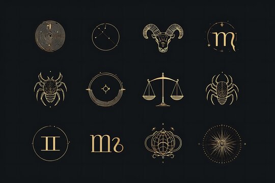 Elegant Zodiac Sign Collection: Golden Astrological Symbols on Dark Background, Mystical and Decorative