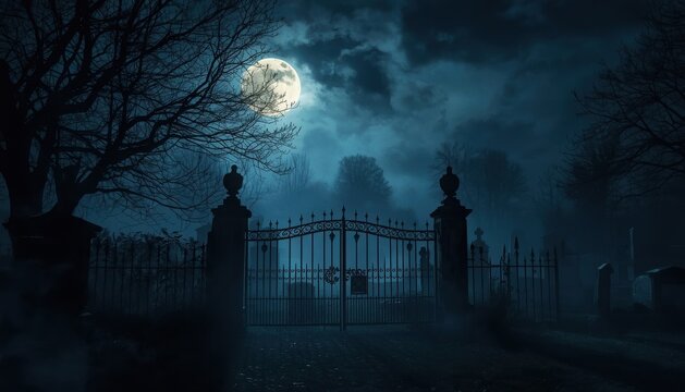 Spooky cemetery entrance gates with a full moon glowing in the dark cloudy night sky spooky graveyard halloween background haunted cemetery creepy graveyard gothic architecture moonlight