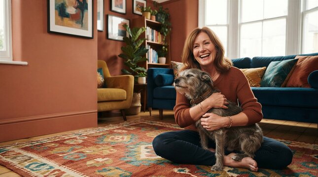 Joyful Woman Embracing Her Dog In Colorful Living Room With Artistic Decor
