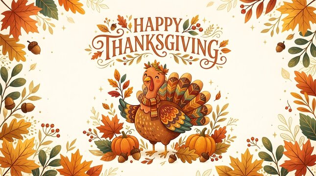 Festive thanksgiving turkey standing surrounded by vibrant autumn foliage orange pumpkins and decorative acorns in this colorful hand drawn illustration style