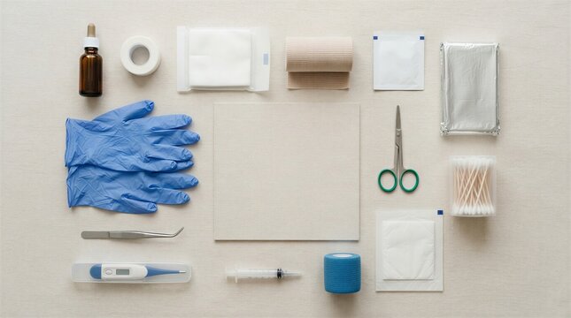 Assorted Medical Supplies For First Aid On A Neutral Background Ready For Use