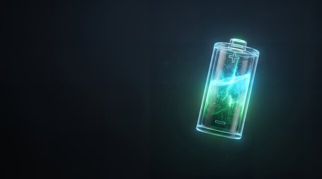 Clean Energy Concept Futuristic Battery with Glowing Green and Blue Liquid