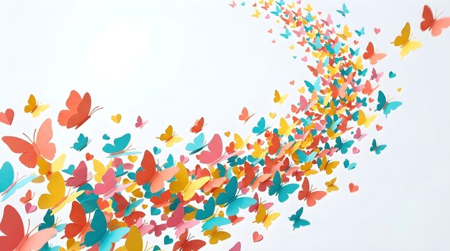Colorful paper butterflies swirling in a dynamic spiral pattern across a clean white background creating vibrant artistic whimsical motion effects