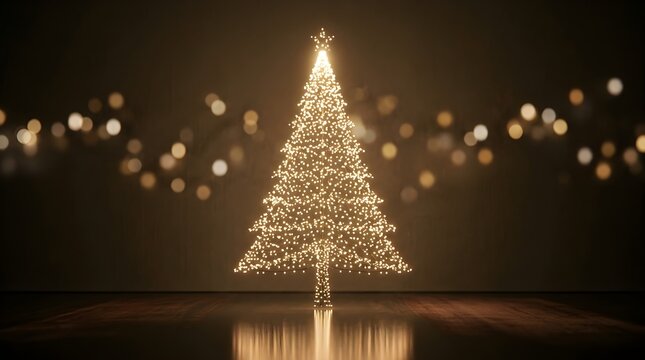 Glowing christmas tree decorated with brilliant warm golden lights stands elegantly centered against dark background with beautiful soft bokeh effects
