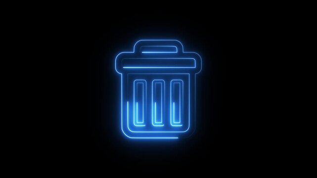 Glowing blue neon trash can icon on black background