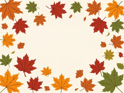 Autumn leaves in various colors including red, orange, and green arranged in a circular pattern on a beige background