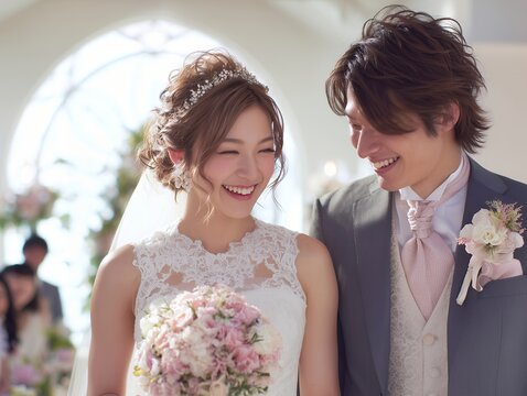 チャペルで笑顔を交わす新郎新婦の幸せあふれる結婚式ウェディングシーン