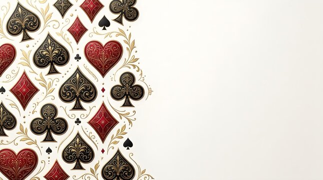 Decorative playing card suits featuring ornate gold filigree patterns arranged in an elegant artistic composition against a crisp white background