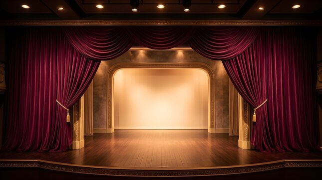 Grand stage with elegant velvet maroon curtains pulled back to reveal an empty illuminated wooden platform under warm overhead lighting