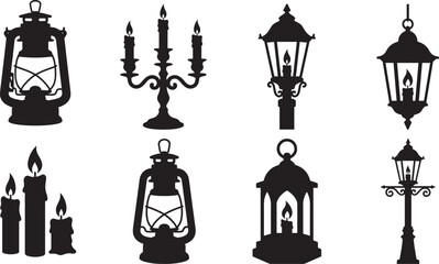 Naklejka premium Collection of Black Lantern and Candle Silhouettes Featuring Vintage Lighting, Street Lamps and Decorative CandelabraCollection of Black Lantern and Candle Silhouettes Featuring Vintage