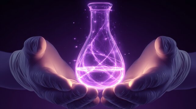 3D glowing science flask floating between open hands wearing white gloves and neon violet light