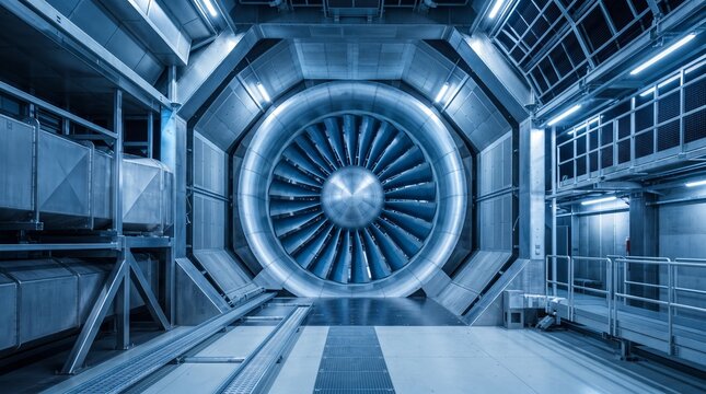 High-speed industrial wind tunnel fan testing aerodynamics in futuristic facility