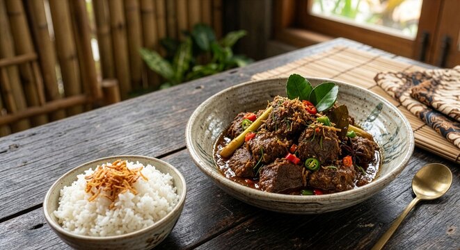 Authentic Indonesian beef rendang served in a beautiful traditional ceramic bowl