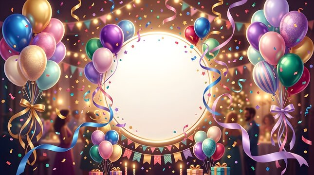 Festive birthday party background featuring vibrant colorful floating balloons golden ribbons bright confetti and blank circular space for custom text