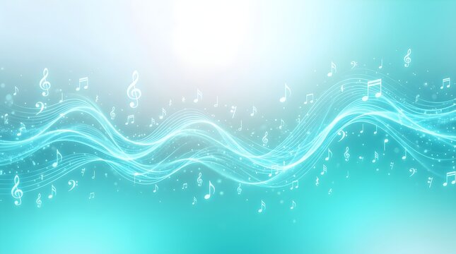 Glowing musical notes floating across elegant turquoise flowing waves creating rhythmic patterns with soft light beams on digital art background