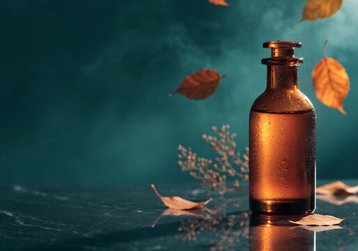 Amber Glass Bottle Surrounded By Leaves Creates A Serene Autumn Atmosphere.