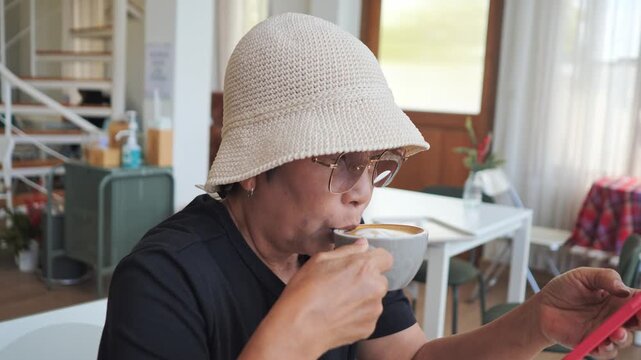 Asian middle aged woman in bucket hat sipping warm coffee and holding smartphone inside cozy cafe, mature adult lifestyle and digital connectivity concept, 4k stock video footage.