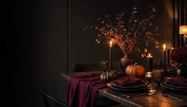 Elegant Dinner Setting With Seasonal Decor And Warm Lighting For A Cozy Ambiance