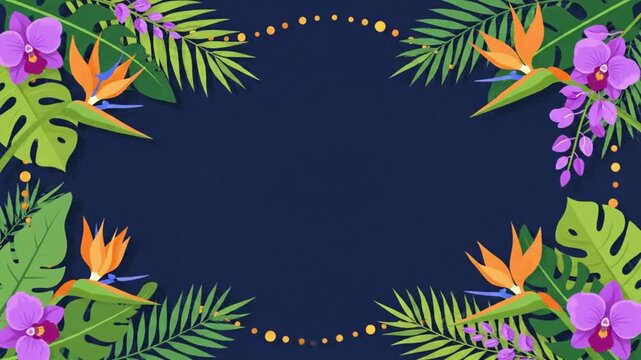 Tropical floral frame animation featuring vibrant orchids and bird of paradise flowers surrounding a dark blue blank central video background
