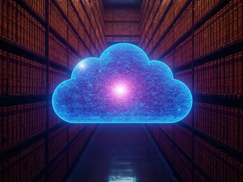 Futuristic cloud hologram surrounded by rows of digital storage boxes in an expansive archive