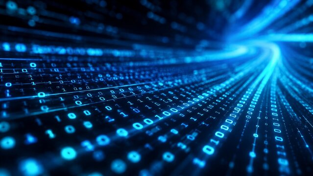 Binary data stream flowing along curved digital network pathway