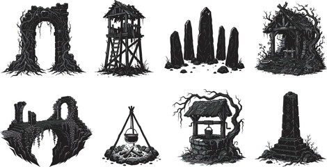 Fototapeta premium Fantasy Medieval Ruins and Dark Woodland Silhouette Elements Set for Halloween and Adventure DesignsFantasy Medieval Ruins and Dark Woodland Silhouette Elements Set for Halloween and Adventure Designs