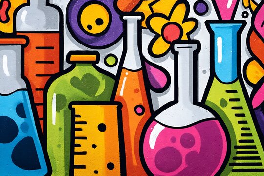 A vibrant and colorful illustration of laboratory glassware, beakers, and flasks filled with colorful liquids, creating a playful and educational visual.