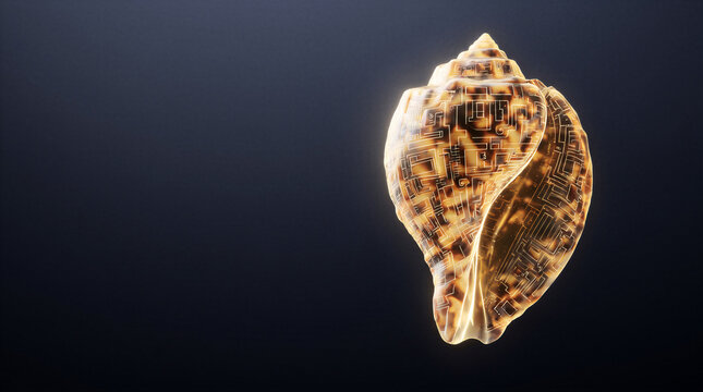 Floating seashell, glowing crystalline structure with tortoiseshell pattern and digital circuit board engravings against dark background