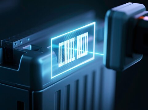 A close-up view of a laser scanner projecting a bright blue holographic barcode onto a dark surface, symbolizing data, technology, and innovation.