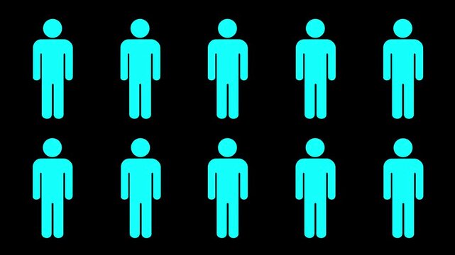sequential stickman people appearing one by one on black screen, human figure population animation for chroma key motion graphics animation.