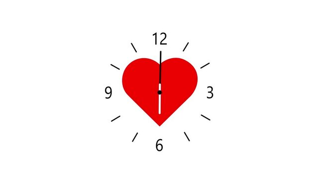 Heart shaped clock animation with moving hands on white background, love time concept, romantic heart clock icon, valentine motion graphics, 4k video.