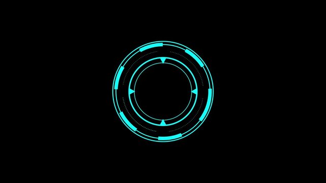 Futuristic sci-fi hud circular interface with digital display, hi-tech hologram buttons and loading target animation, cyber technology dashboard on black background, png alpha, 4k motion graphics.