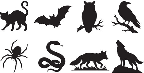 Fototapeta premium Halloween Animal Silhouette Collection Featuring Black Cat Bat Owl Raven Spider Snake Fox and Wolf Vector SetHalloween Animal Silhouette Collection Featuring Black Cat Bat Owl Raven Spider Snake Fox