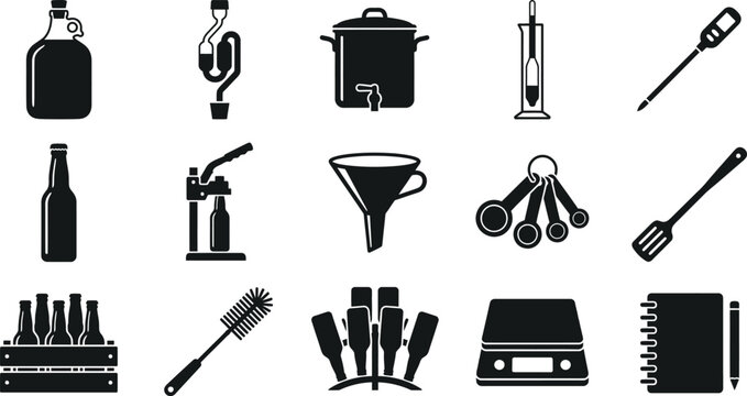 Set of black and white icons representing home brewing equipment and tools for making craft beer at home