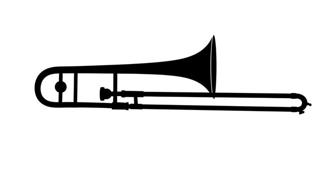 Black silhouette of a trombone on white background with trombone against plain instrument graphic element simple design music brass shape with icon