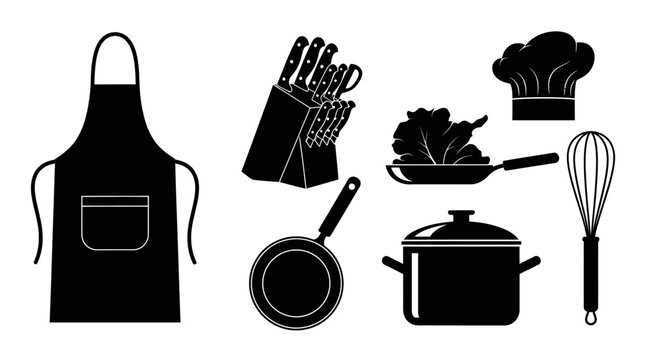 Black kitchen utensils and chef tools on white background with black silhouettes kitchen items including apron apron knives pots pan chef hat