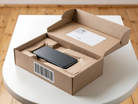 A modern smartphone rests inside an open cardboard shipping box, cradled by protective padding, ready for delivery or unboxing.