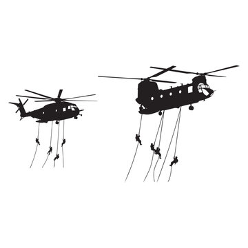 Silhouettes of different military transport helicopters including a chinook and black hawk.