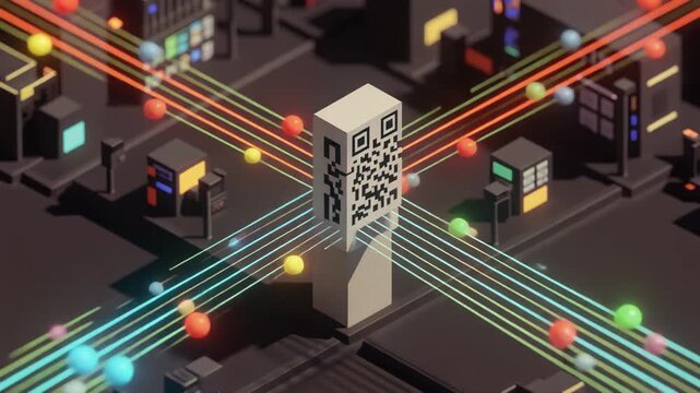 Isometric 3D Animation of Data Orbs Moving Through a Tech City Grid towards a Central QR Code Link.