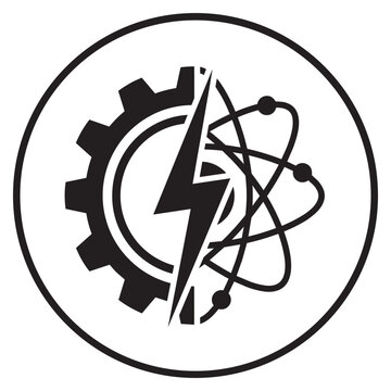 Circular logo combining a gear, lightning bolt, and atomic symbol, industrial innovation.