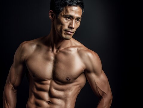 引き締まった筋肉を持つ男性が鍛え上げた上半身を見せるフィットネスイメージ
