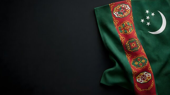 Folded Turkmenistan national flag with embroidered carpet pattern and crescent moon stars on dark fabric
