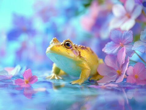 カラフルな花と水面に包まれた黄色いカエルの幻想的な世界観イメージ