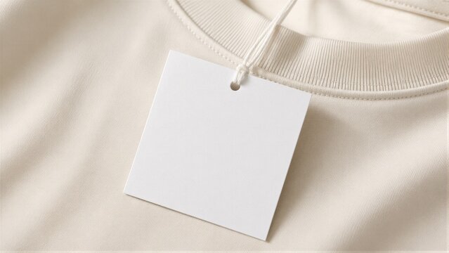 Blank clothing tag hanging on folded cream sweatshirt