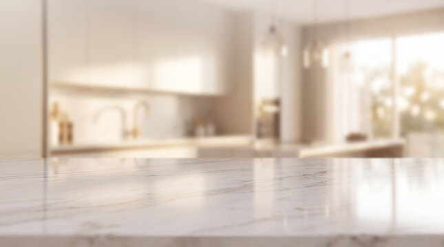 White Marble Countertop with Bright Blurred Modern Kitchen Background for Product Display