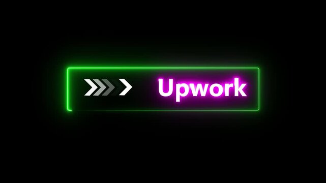 Neon Upwork button animation on black background with glowing arrows pointing right, freelance platform icon. Motion Graphic .