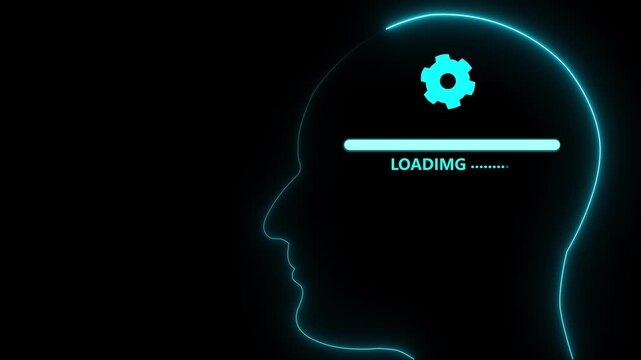 Neon human head silhouette with loading bar and gear with arrows icon on Black background abstract brain icon Animation .